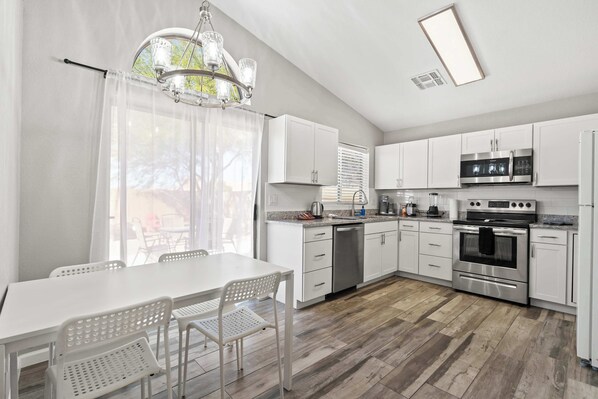 Fridge, microwave, oven, stovetop