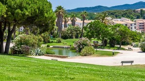 A park with a pond, benches, and a variety of trees and plants.