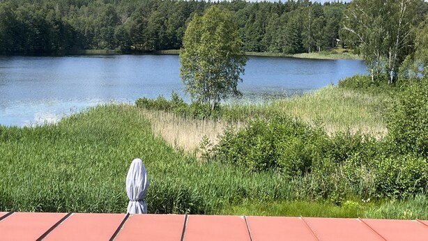 A lakeside view with a red roof, dense forest, and a clear sky.