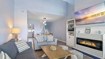 Smart TV, fireplace, DVD player, stereo