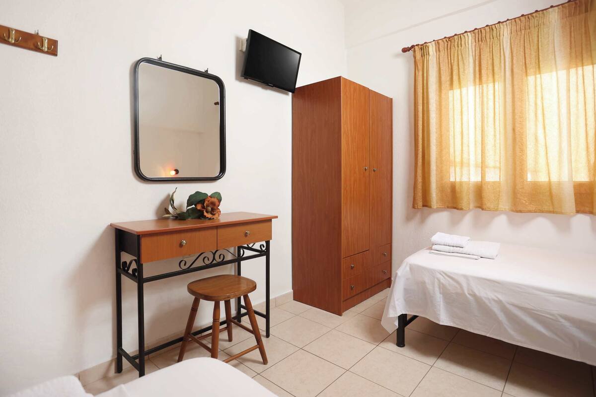 Un dormitorio con escritorio de madera, espejo, armario, cama y televisor.