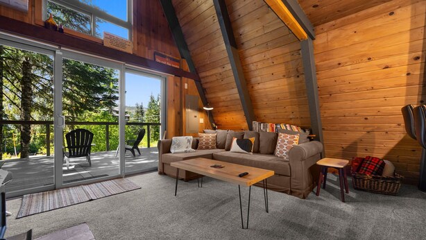 A cozy cabin interior with a wooden ceiling, a sofa, a coffee table, and a sliding glass door leading to an outdoor deck.
