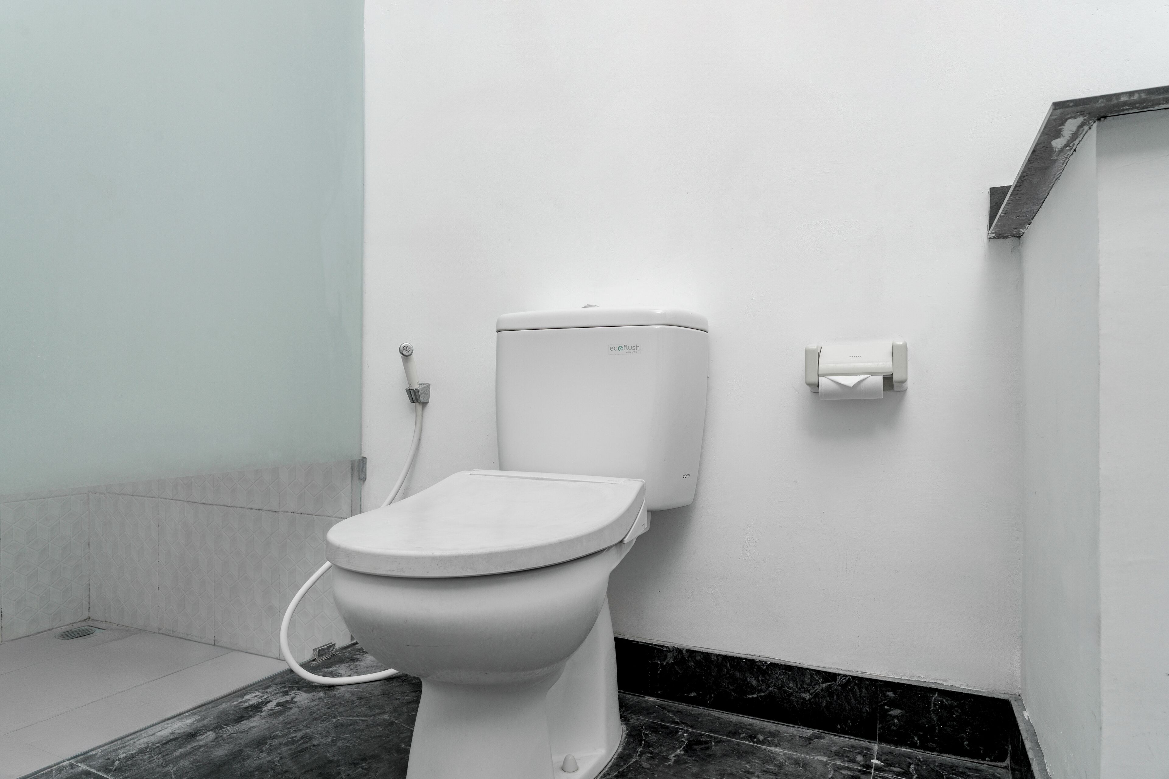 A white toilet with a tank labeled 'ecoflush' in a small, tiled bathroom with a marble floor.