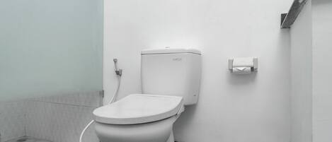 A white toilet with a tank labeled 'ecoflush' in a small, tiled bathroom with a marble floor.