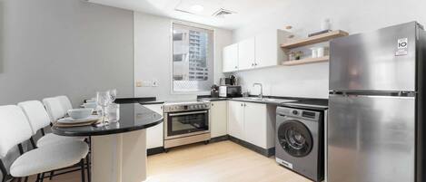 Fridge, microwave, oven, stovetop