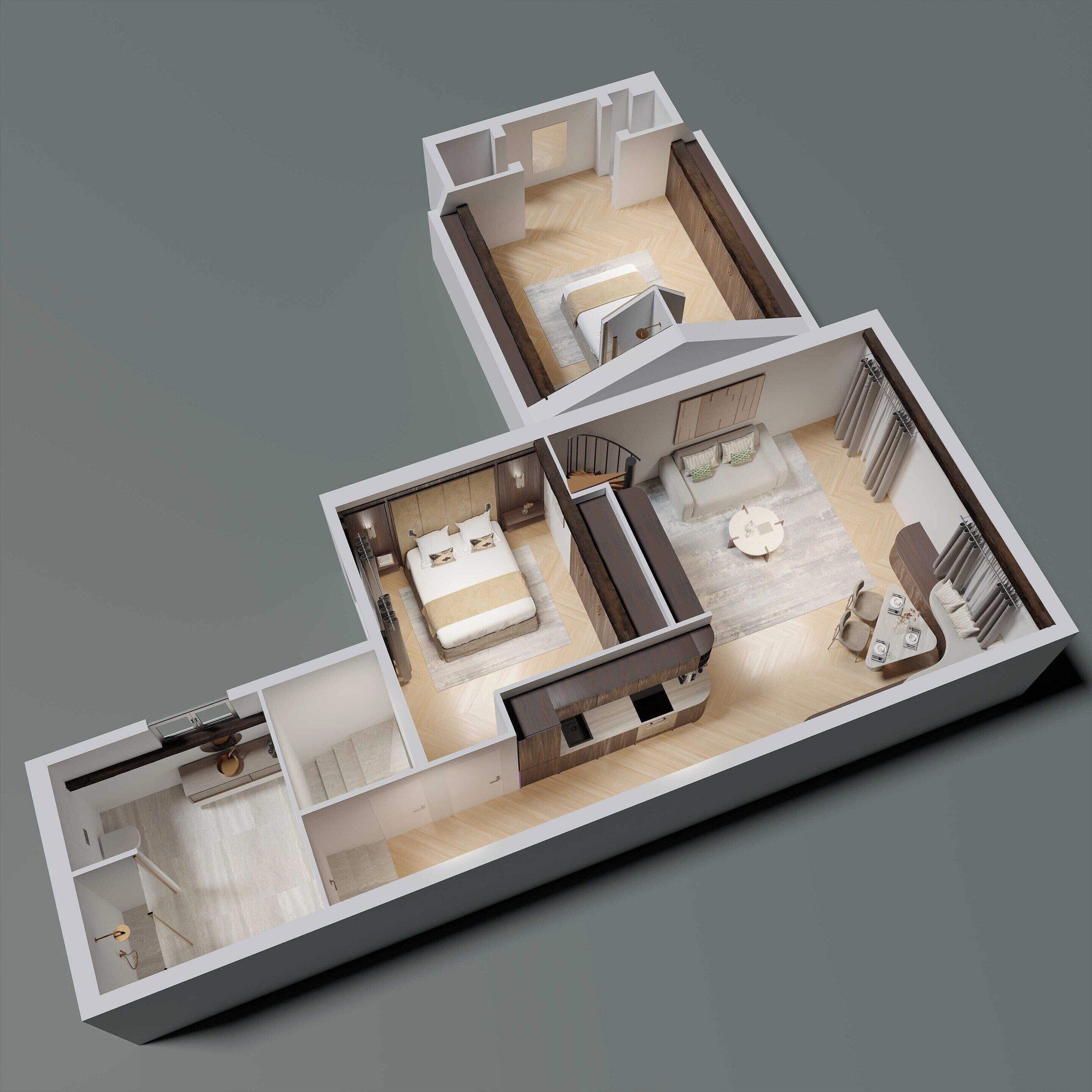 Plano de planta en 3D de un apartamento moderno, con sala de estar, cocina, comedor y un dormitorio.