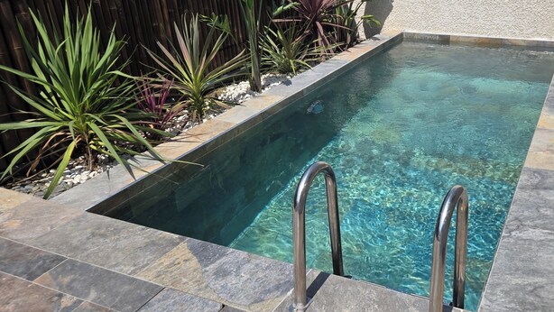 Una piscina rectangular con agua cristalina, rodeada de baldosas de piedra y plantas.