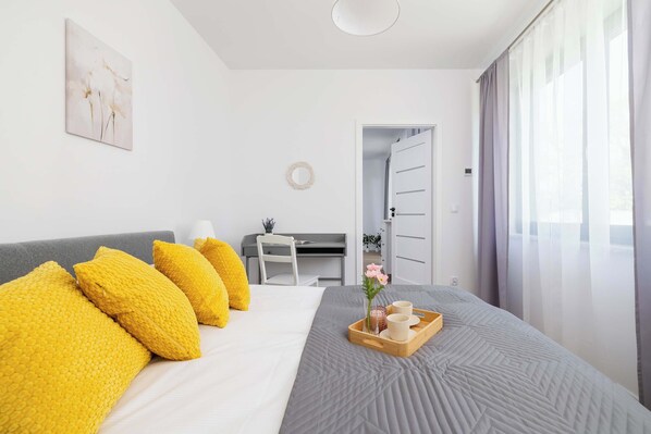 1 bedroom, desk, iron/ironing board, travel cot