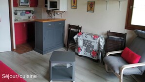 A compact living space with a kitchenette, a grey sofa with a red pillow, a small table, and a TV mounted on the wall.