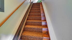 Eine Treppe mit Holzboden und einem Teppich-Handlauf.