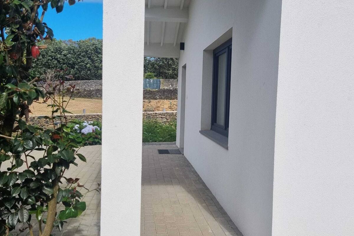 Un espacio al aire libre cubierto con escalones que conducen a un edificio, rodeado de vegetación y un cielo despejado.