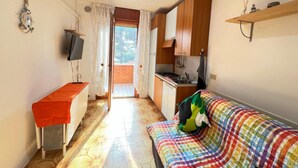 Un espacio habitable compacto con kitchenette, un sofá con una manta colorida y un televisor sobre un mueble.