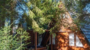 Una cabaña de madera con techo inclinado, un pequeño porche y un jacuzzi.