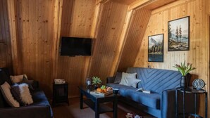 Una habitación acogedora con techo inclinado de madera, un sofá azul, una mesita con una planta y un televisor instalado en la pared.