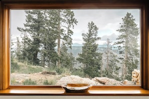 A window with a view of a forested landscape, a wooden frame, and a bowl on the windowsill.