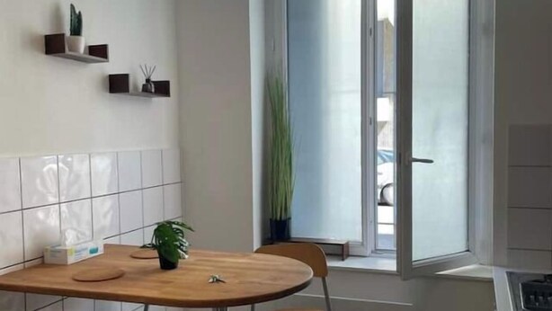 A dining area with a round table, chairs, a hanging light fixture, a potted plant, and a window with a view of the outside. - Your apartment with free prking in St Etienne (Saint-Étienne)