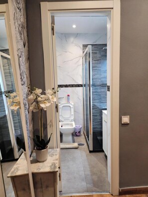 Hair dryer, towels, soap, toilet paper