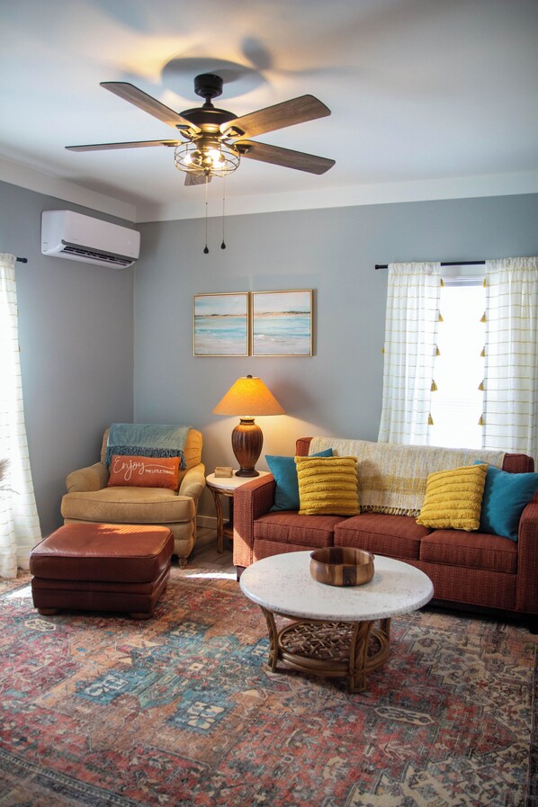 Smart TV, fireplace, books