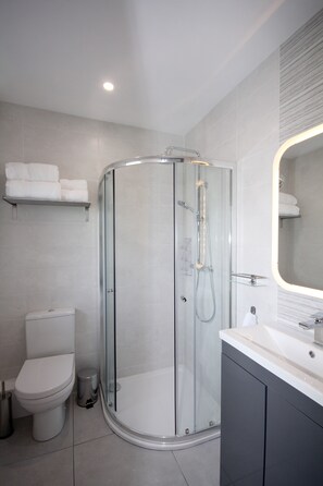 A modern bathroom with a glass-enclosed shower, a toilet, a sink with a mirror, and a towel rack.