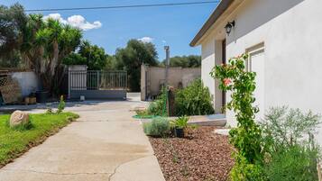 Un immobile residenziale con vialetto in pietra, cancello e area giardino con diverse piante e arbusti.