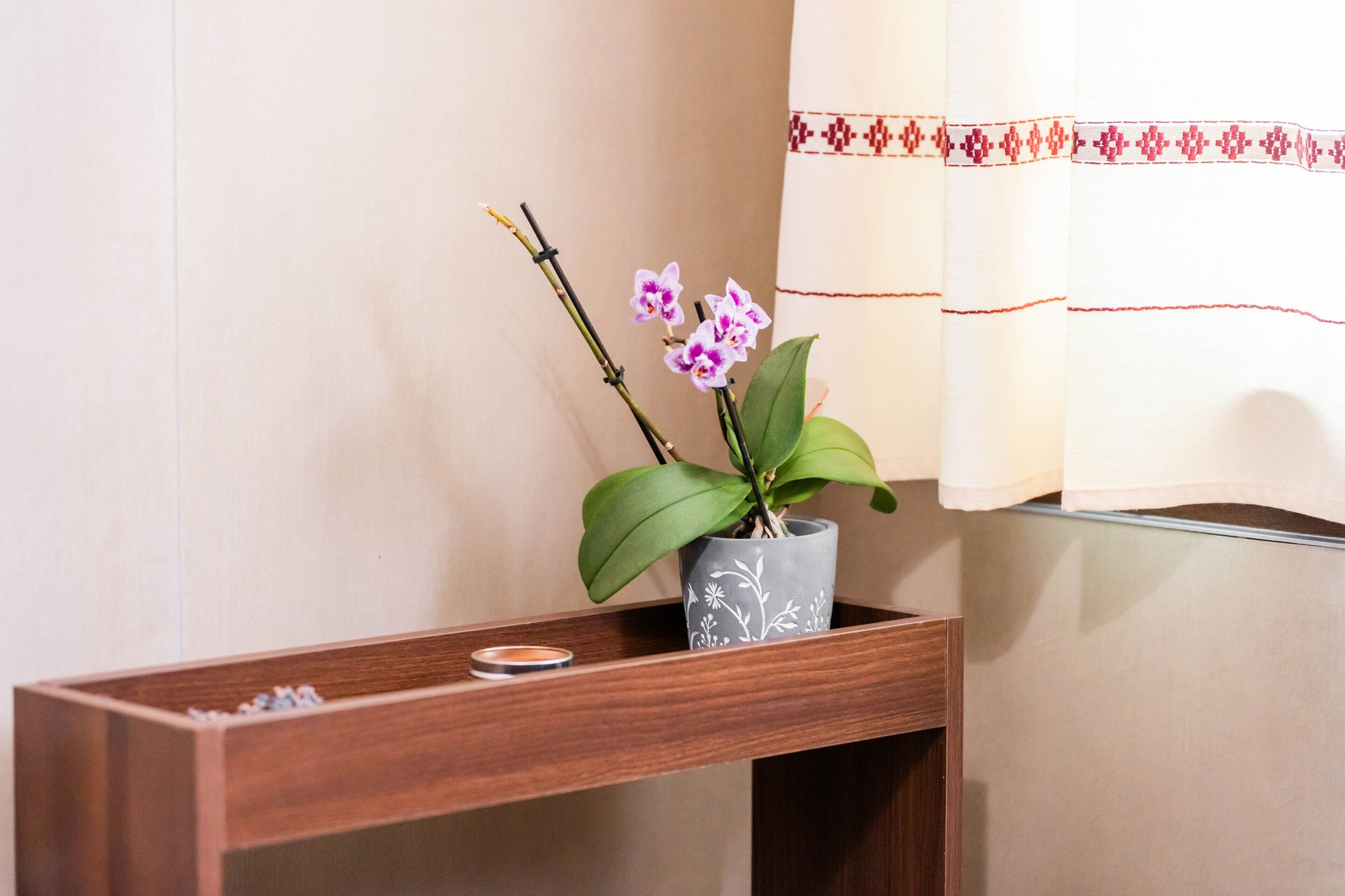 A wooden console table with a potted orchid and a candle.