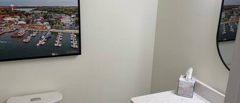 Un baño con inodoro, lavamanos y un espejo grande. Hay un cuadro en la pared con una imagen de un puerto deportivo.