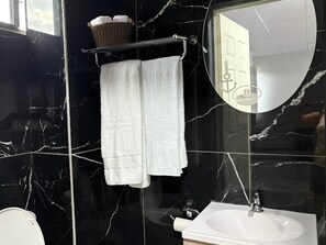 Regadera, secadora de cabello, toallas, papel de baño