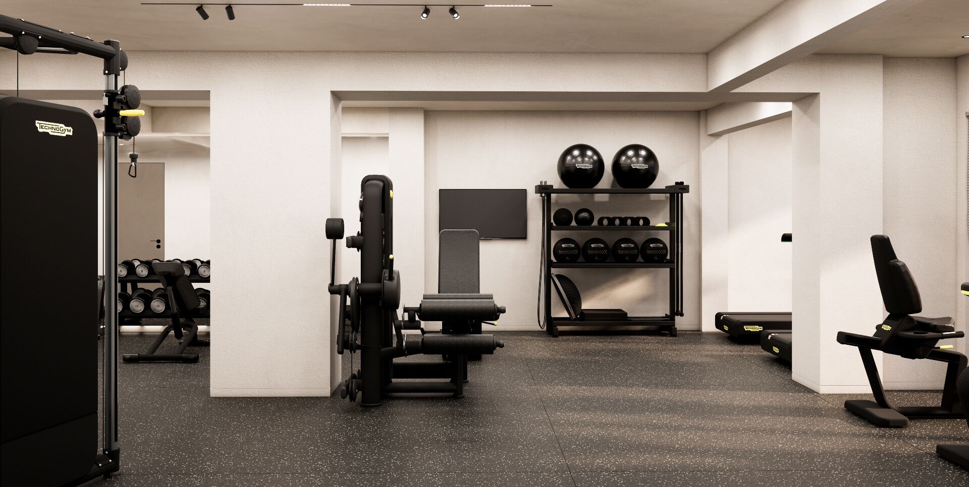 A gym with various exercise equipment, including a squat rack, dumbbells, and weight plates.
