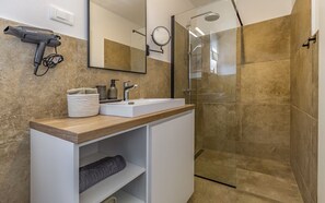 Shower, hair dryer, bidet, towels