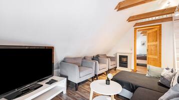 Fernseher, Kamin, Bücher, Stereoanlage