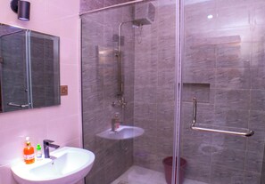 Shower, towels, soap, toilet paper