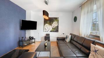 Een televisie en een open haard