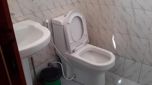 Shower, free toiletries, slippers, towels