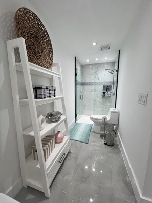 Regadera, secadora de cabello, bidet, toallas 