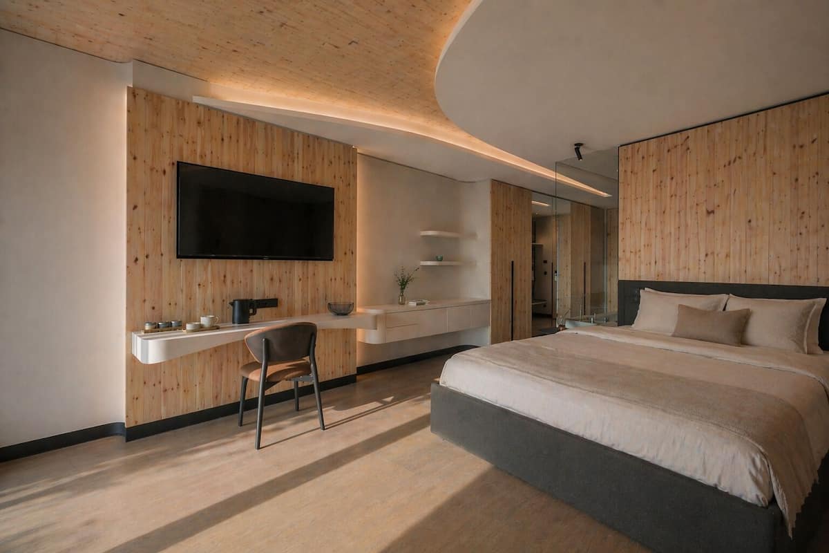 Ein modernes Schlafzimmer mit einem großen Bett, einem Schreibtisch, einem Flachbildfernseher und Holzvertäfelung.