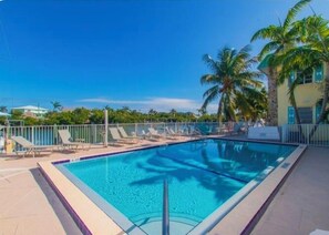 A swimming pool with lounge chairs and palm trees.