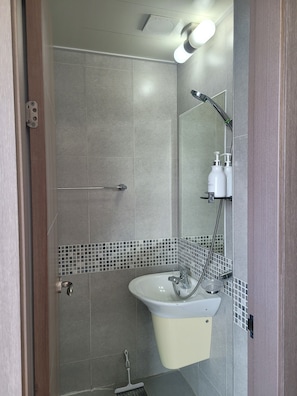 Shower, hair dryer, towels, soap