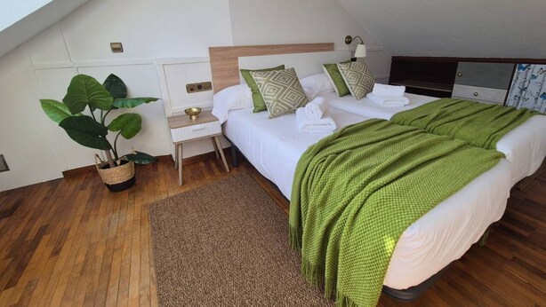 A bedroom with a sloped ceiling, a bed with green bedding, a bedside table with a lamp, and a potted plant. - 1C152: Renovated Triplex in Cimadevilla (Gijón)