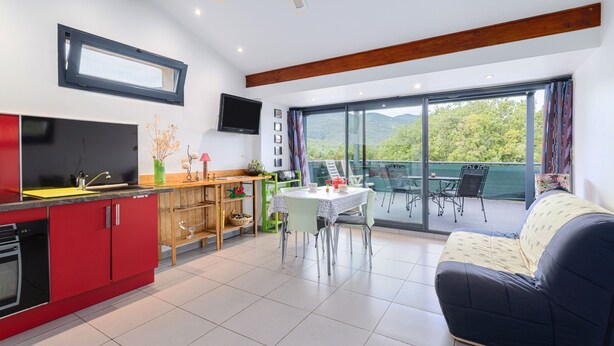 A modern kitchen with a TV, dining area with a table and chairs, and a balcony with a view. - F2 holiday home in a corner of paradise with private pool and Wi-Fi (Céret)
