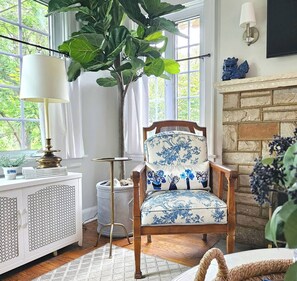 Smart TV, fireplace, books, stereo