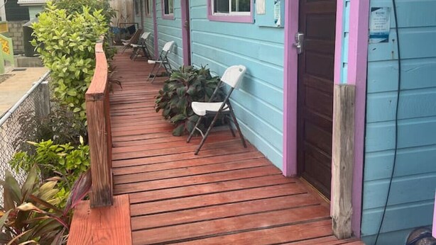 Una terraza de madera con sillas y una planta pequeña, que conduce a un edificio con fachada azul y detalles morados.