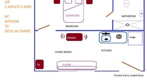 Distribución de un apartamento familiar de un dormitorio, con cama tamaño queen, comedor, cocina, sala de estar y puerta de acceso privado con código.