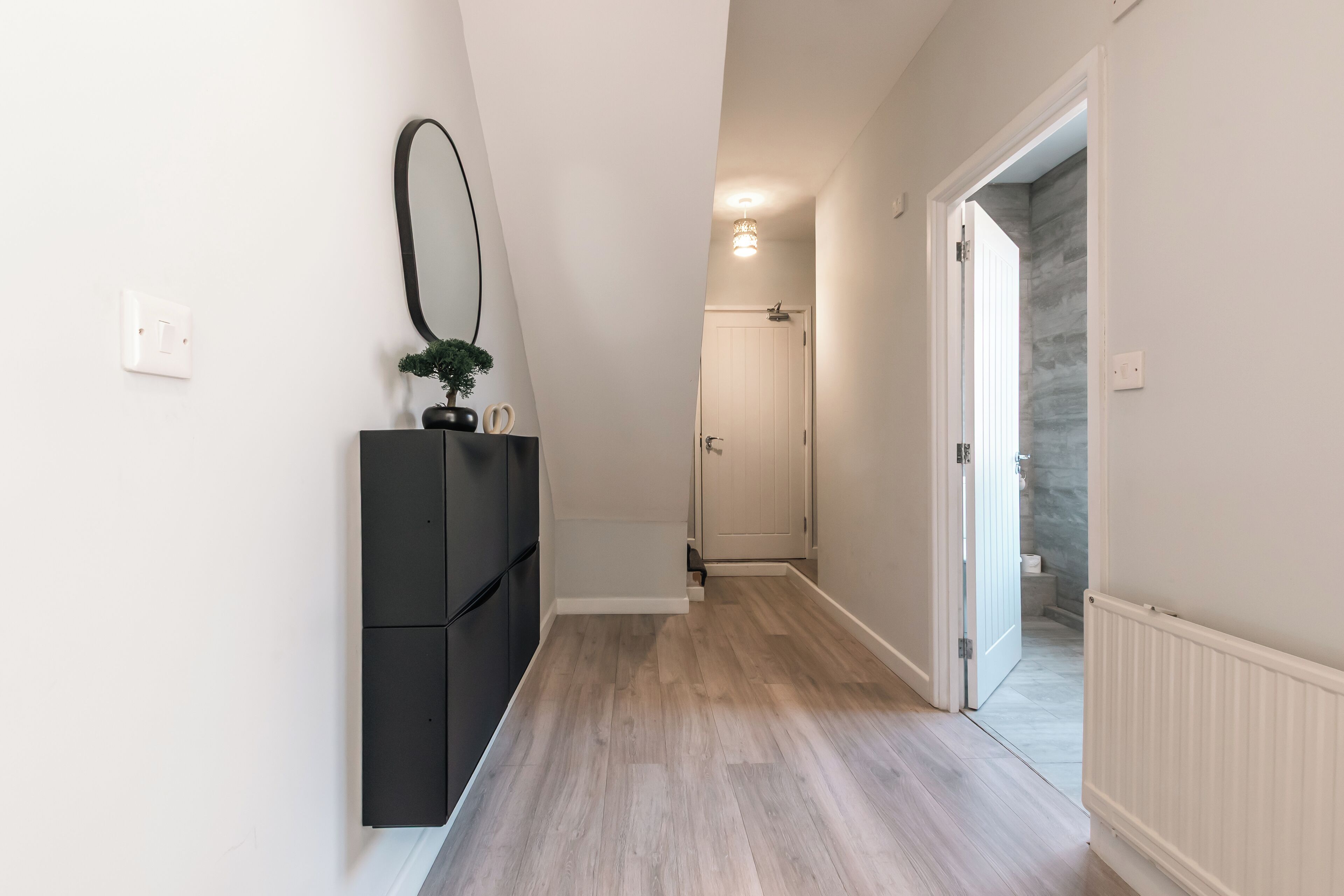 A hallway with a wooden floor, a black cabinet with a mirror, and a white door leading to a bathroom.