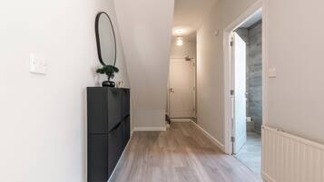 A hallway with a wooden floor, a black cabinet with a mirror, and a white door leading to a bathroom.