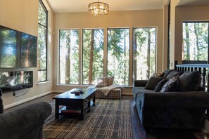 Smart TV, fireplace, foosball