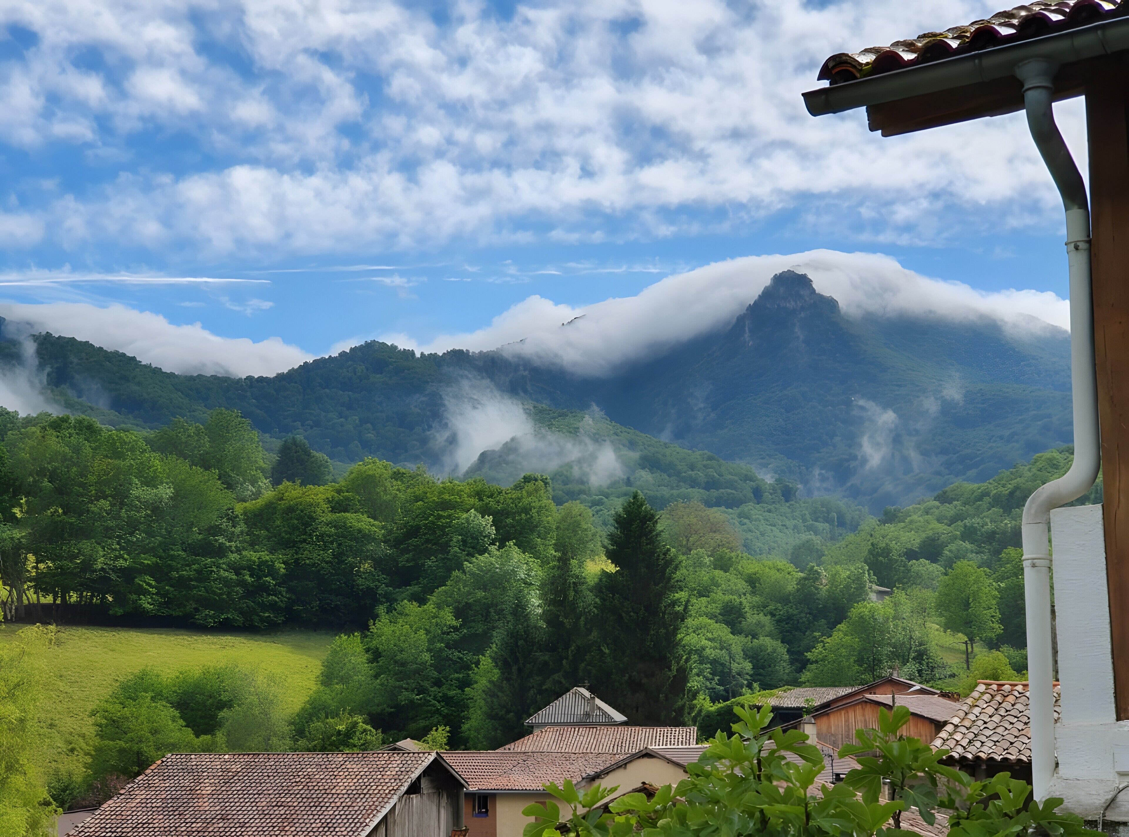 Paisaje montañoso con vistas a un pueblo, que incluye edificios tradicionales y abundante vegetación.