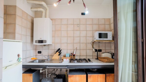 Fridge, microwave, oven, stovetop