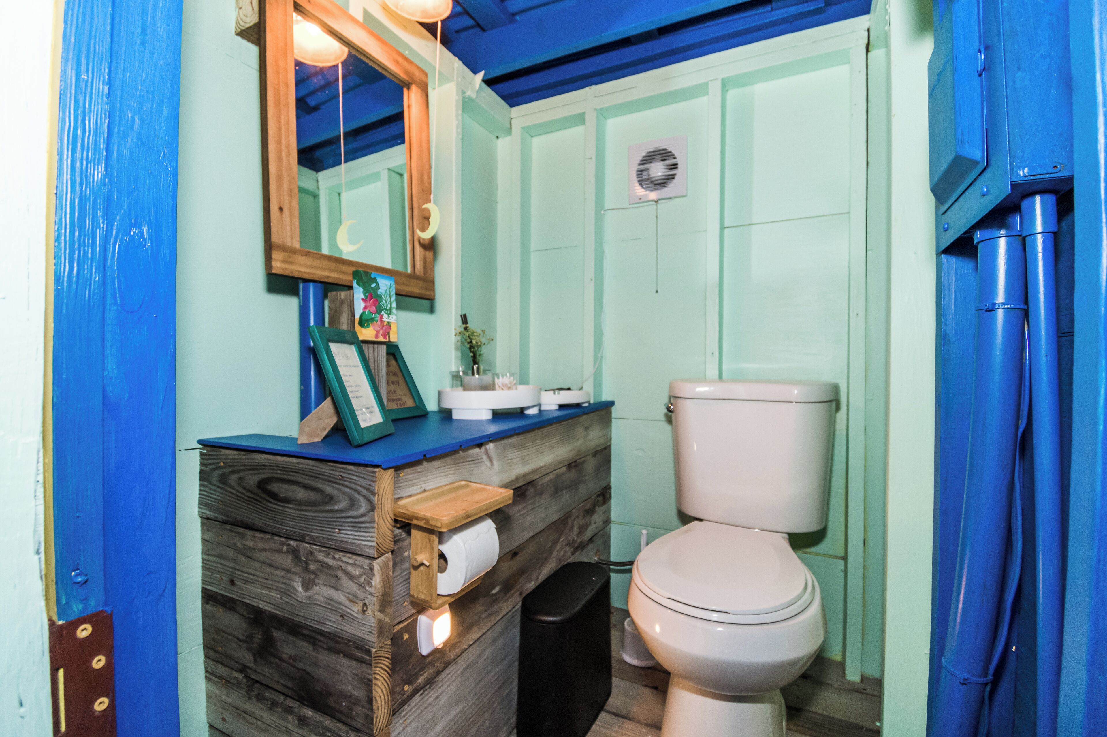 Shower, towels, soap, toilet paper