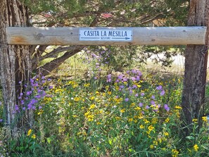 A wooden sign with the text "CASITA LA MESILLA" and "WELCOME" indicating a welcoming area.
