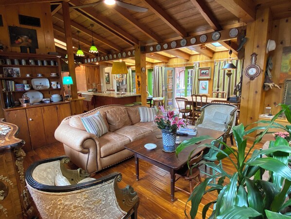 Een smart-tv, een open haard, boeken en een printer